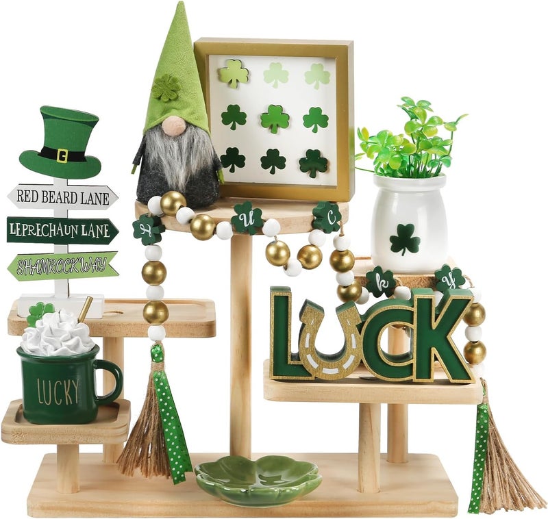 SYNCVIBE St Patrick's Day Decoration 8 PCS Tiered Tray Decor Set, Cute Tabletop Saint Patricks Day Décor for Home Shelf Mantel Fireplace Office Desk Coffee Bar Shamrock Sign Gnome Lucky Irish Tray Objects - Image 1